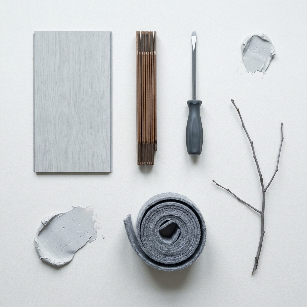 Moodboard: Werkzeug und Material flach ausgelegt, diffuses Tageslicht
